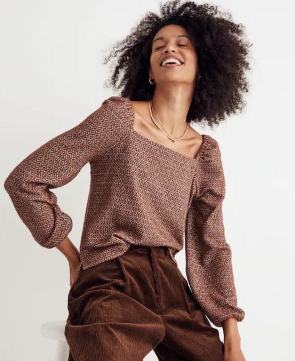 Madewell Jacquard Puff Sleeve Top Brown Women's XL Dark Merlot Fall